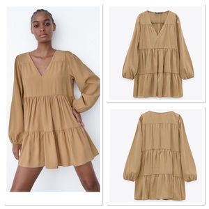 NWT Zara V-Neck Long Sleeves Tiered Mini Dress Sz:L